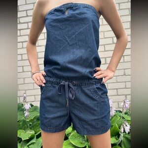 Y2K Guess Vintage Women’s Strapless Blue Denim Playsuit Size S
